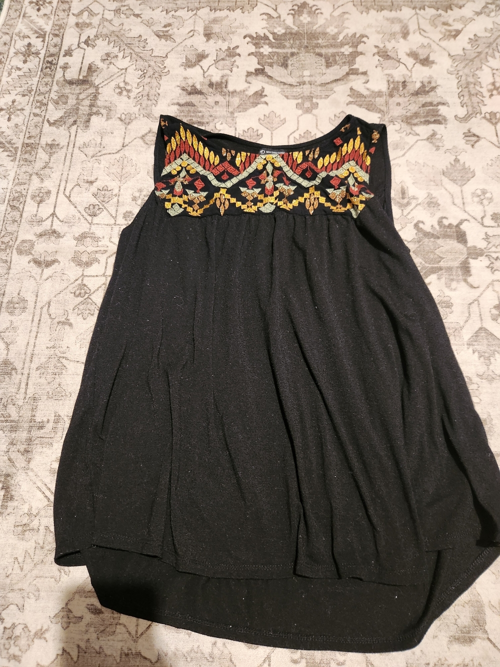Black Tank Top with Multicolor Embroidered Yoke
